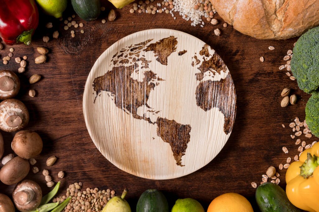 Wooden plate with an engraved world map in the center, surrounded by natural foods such as vegetables, grains, fruits, mushrooms, bread, and broccoli, on a dark wooden surface.