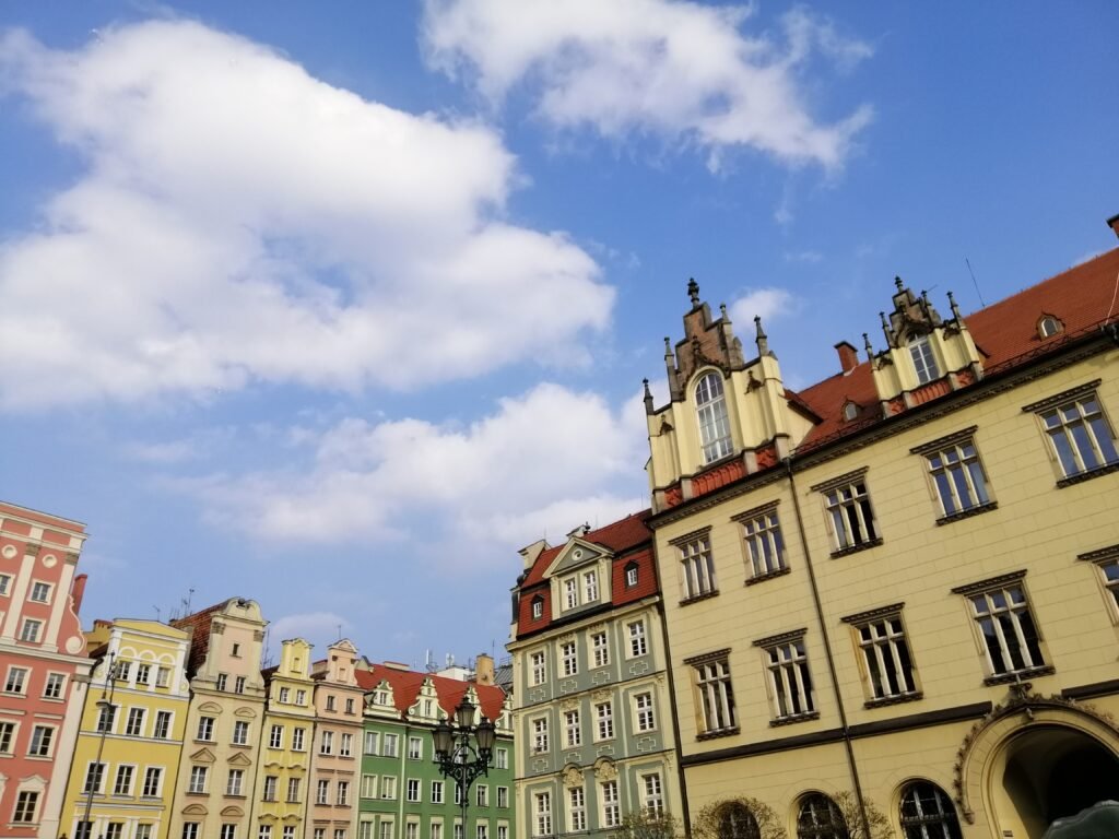 A beautiful shot of a white building in the Main Market Square of Wroclaw, Poland