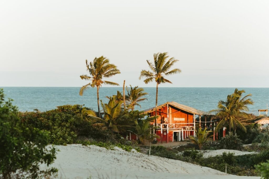 White sandy beach in Itaúnas, Espírito Santo, Brazil 🇧🇷, with abundant vegetation and palm trees, a small red wooden house by the sea, blue ocean, cloudy sky, and a faint sun.