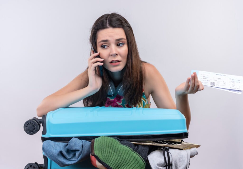 Worried young woman on the phone, leaning over an overpacked suitcase with clothes spilling out, holding a boarding pass in one hand — illustrating common travel issues like luggage problems or flight complications.