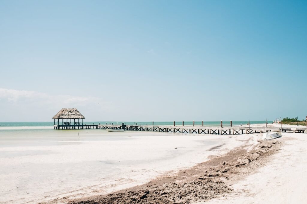 White sandy beach in Isla Holbox, Mexico, with turquoise water, palm trees, and a bright blue sky.